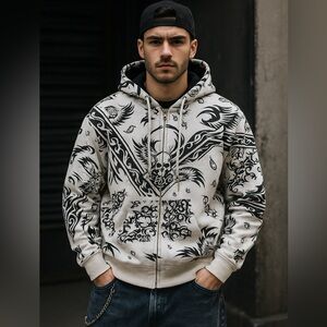 Fox Racing AOP Bandana Tribal Skull Hoodie Adult M Y2K Biker Moto Grunge Zip Up
